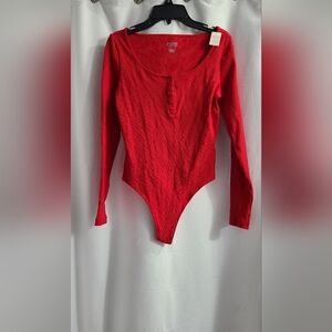 PINK Long Sleeve Rib Bodysuit in Pin-Up Red Ribbed